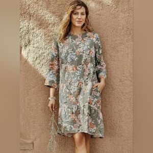 J. Jill Love Linen Size M Lagenlook Floral Caraway Ruffle Hem Dress Pockets